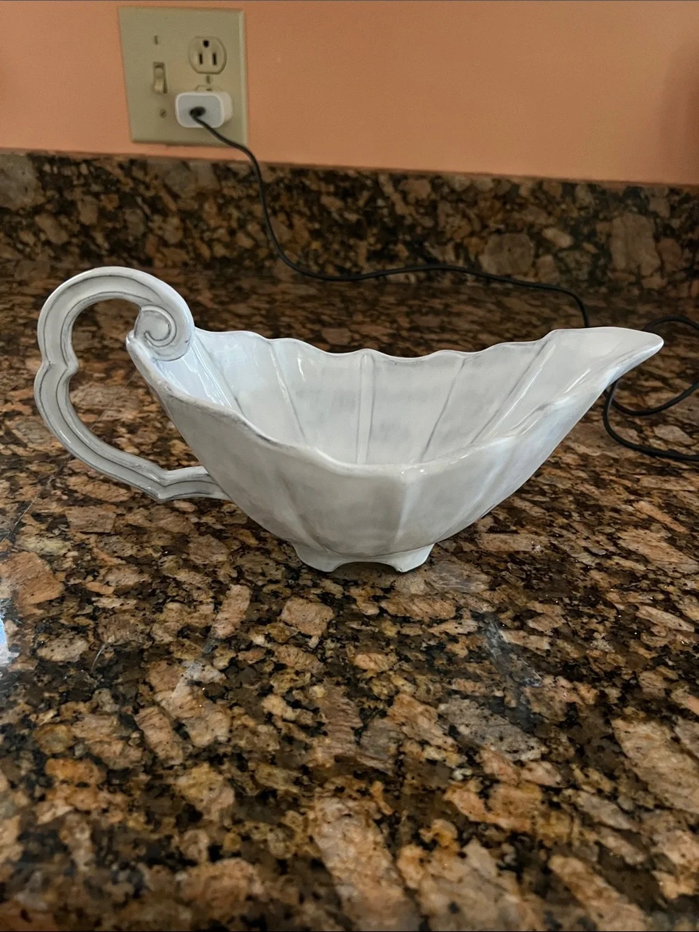 Vietri Sculpted White Ceramic Gravy Boat with Scroll Handle